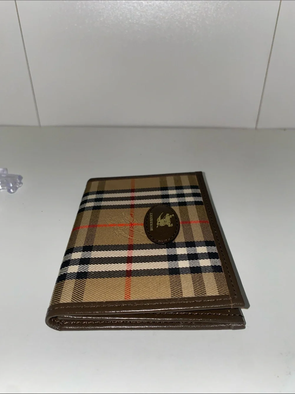 Authentic Burberry Tan Plaid Card Holder Wallet Brown Leather Trim